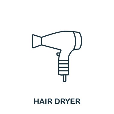 Makyaj ve güzellik koleksiyonundan saç kurutma ikonu. Şablonlar, web tasarımı ve bilgi grafikleri için basit çizgi element saç kurutma sembolü
