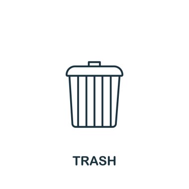 Ofis aletleri koleksiyonundaki çöp simgesi. Şablonlar, web tasarımı ve bilgi grafikleri için basit satır Çöp simgesi
