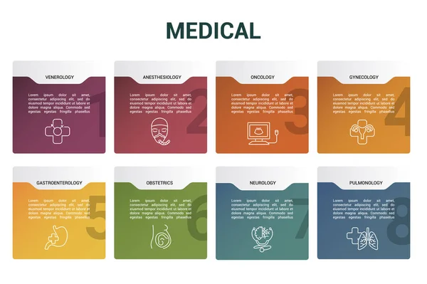 Infographic Ιατρικό πρότυπο. Εικόνες σε διαφορετικά χρώματα. Περιλαμβάνονται η Βενετολογία, η Αναισθησιολογία, η Ογκολογία, η Γυναικολογία και άλλοι. — Διανυσματικό Αρχείο