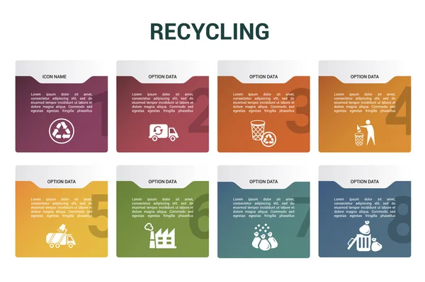 Infografía Plantilla de reciclaje. Iconos en diferentes colores. Incluye reciclaje, contenedor de basura, basura quemable, basura de gran tamaño y otros. — Vector de stock