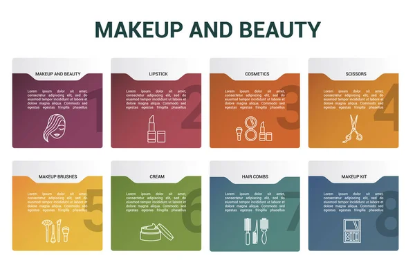 Maquiagem infográfica e modelo de beleza. Ícones em cores diferentes. Inclua maquiagem e beleza, batom, cosméticos, tesouras e outros. —  Vetores de Stock