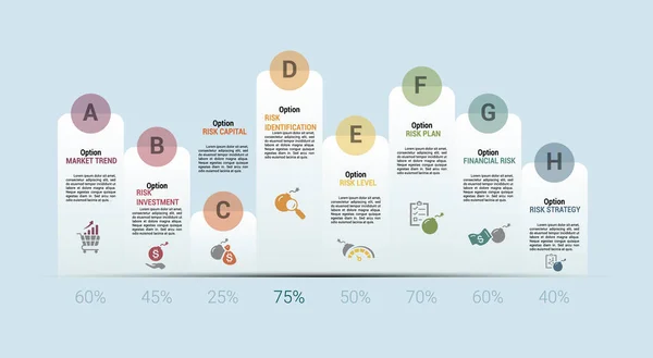 Plantilla de Gestión de Riesgos Infográfica. Iconos en diferentes colores. Incluya Tendencia del Mercado, Inversión en Riesgos, Capital, Identificación y otros. — Archivo Imágenes Vectoriales