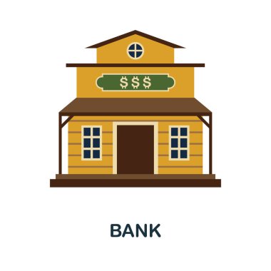 Banka düz simgesi. Vahşi batı koleksiyonundan basit bir renk elemanı. Web tasarımı, şablonlar, bilgi grafikleri ve daha fazlası için Creative Bank simgesi