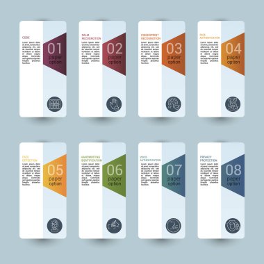 Bilgi Doğrulama Şablonu. Farklı renklerde simgeler. Kod, Avuç İçi Tanımlama, Parmak izi Tanıma, Yüz Doğrulama ve diğerleri.