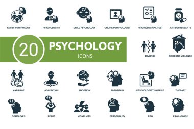 Psikoloji ikonu seti. Psikolog, çevrimiçi psikolog, antidepresan ve daha fazlası gibi düzenlenebilir ikon psikoloji teması içerir.