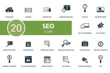 Seo ikonu hazır. Etkin arama, sosyal medya pazarlaması, web bağlantıları ve daha fazlası gibi düzenlenebilir simge seo temasını içerir.