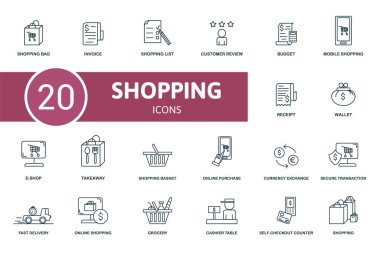 Alışveriş ikonu seti. Fatura, müşteri değerlendirmesi, mobil alışveriş ve daha fazlası gibi düzenlenebilir simge alışveriş temasını içerir