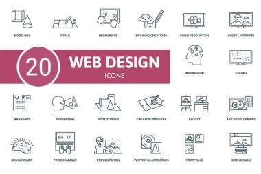 Web Tasarım simgesi seti. Araçlar, kreasyonlar, dijital sanat eserleri ve daha fazlası gibi düzenlenebilir web tasarım temasını içerir