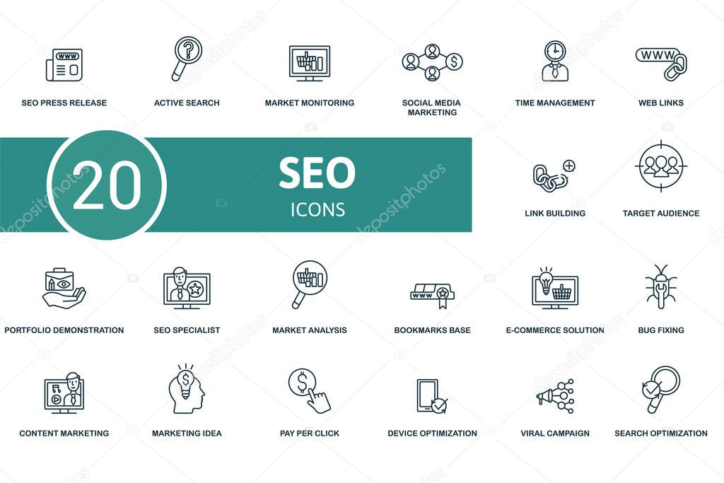 Seo icon set. Contains editable icons seo theme such as active search, social media marketing, web links and more