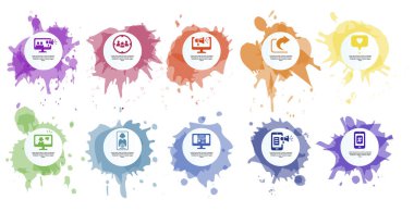 Infographic Social Media template. Icons in different colors. Include Like, Audience, Boosted Post, Feed and others. clipart
