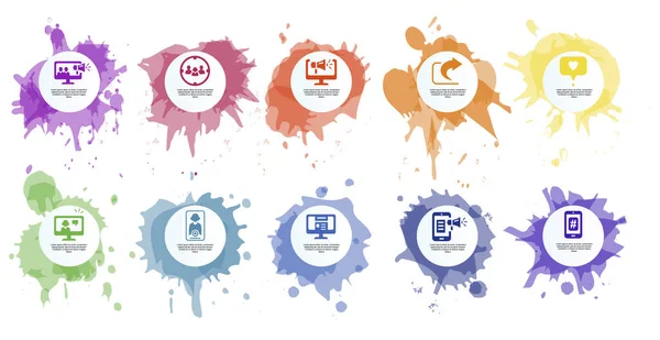 Інфографічна соціальна медіа шаблон. Ікони різних кольорів. Включіть щось на зразок, слухачів, підбадьорені повідомлення, їжу та інших. — стоковий вектор
