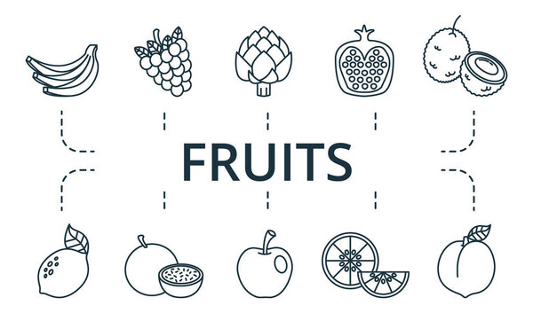 Набор значков фруктов. Коллекция содержит пакет пиксельных идеальных творческих иконок. Фруктовые элементы.