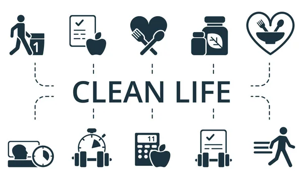 Conjunto de iconos de Clean Life. Colección contiene paquete de píxeles iconos creativos perfectos. Elementos de Vida Limpia — Archivo Imágenes Vectoriales