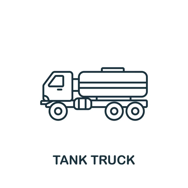 タンクトラックのアイコン テンプレート ウェブデザインやインフォグラフィックのためのシンプルなライン要素タンクトラックシンボル — ストックベクタ