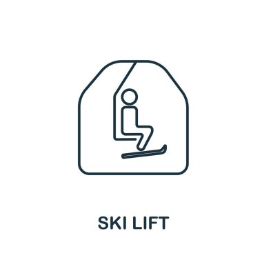 Kış koleksiyonundan kayak kaldırma ikonu. Şablonlar, web tasarımı ve bilgi grafikleri için basit satır ögesi Kayak Kaldırma simgesi.