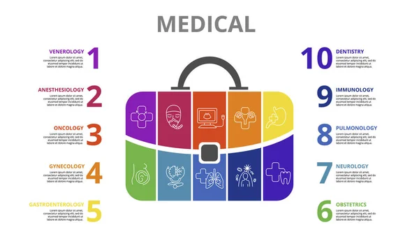 Modelo médico infográfico. Ícones em cores diferentes. Incluir Venerologia, Anestesiologia, Oncologia, Ginecologia e outros. — Vetor de Stock