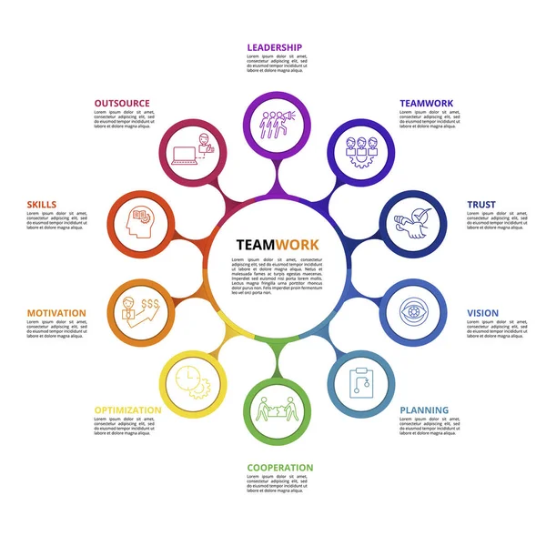 Infografía Plantilla de trabajo en equipo. Iconos en diferentes colores. Incluya trabajo en equipo, confianza, visión, planificación y otros. — Vector de stock