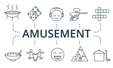 Eğlence simgesi seti. Meditasyon, şarkı söylemek, bungee jumping ve daha fazlası gibi düzenlenebilir simgeler içerir.