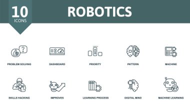 Robot ikonu seti. Düzenlenebilir simgeler içerir makine öğrenme teması problem çözme, eğilim, makine ve daha fazlası gibi.