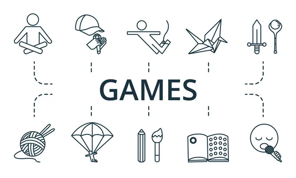 Spel ikon set. Innehåller redigerbara ikoner tema såsom dominobrickor, korsord, matlagning och mer. — Stock vektor