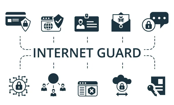 Σύνολο εικονιδίων Internet Guard. Περιέχει επεξεργάσιμο θέμα εικονίδια, όπως η ασφάλεια στον κυβερνοχώρο, μήνυμα κρυπτογράφησης, τείχος προστασίας και πολλά άλλα. — Διανυσματικό Αρχείο
