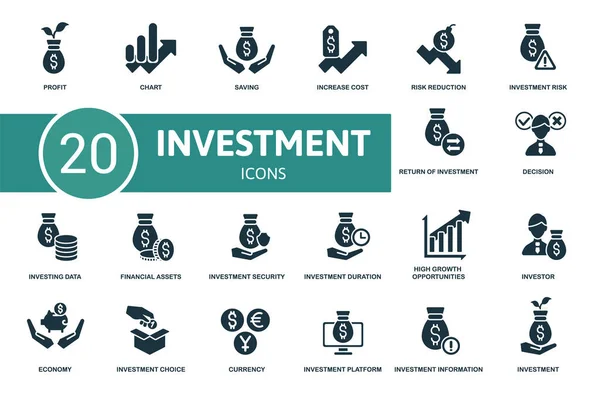 Ikona investice nastavena. Obsahuje upravitelné ikony investiční téma, jako je graf, zvýšení nákladů, investiční riziko a další. — Stockový vektor