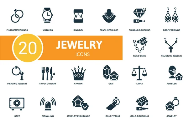 Ensemble d'icônes de bijoux. Contient des icônes modifiables thème de bijoux tels que les montres, collier de perles, boucles d'oreilles goutte et plus. — Image vectorielle