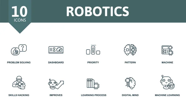 Zestaw ikon robotyki. Zawiera edytowalne ikony maszynowego uczenia się tematu, takich jak rozwiązywanie problemów, proiority, maszyny i więcej. — Wektor stockowy