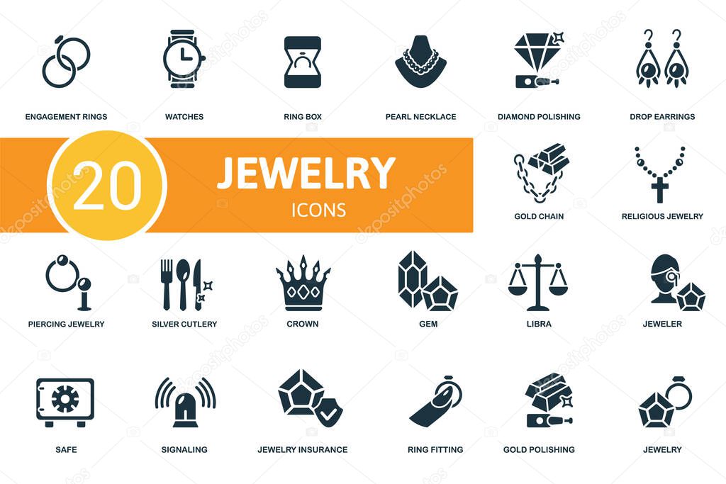 Jewelery icon set. Contains editable icons jewelery theme such as watches, pearl necklace, drop earrings and more.