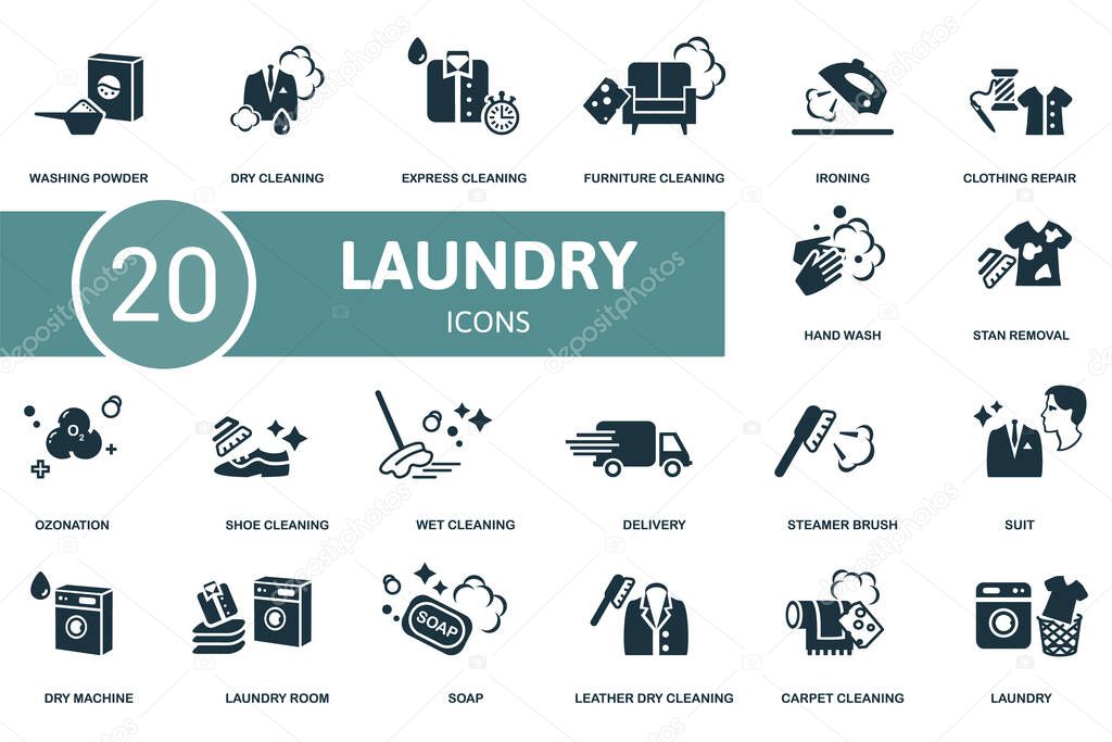 Laundry icon set. Contains editable icons laundry theme such as dry cleaning, furniture cleaning, clothing repair and more.