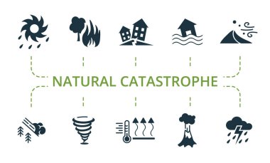 Doğal afet ikonu seti. Düzenlenebilir ikonlar içerir deprem, kum fırtınası, tayfun ve daha fazlası gibi doğal afet teması.