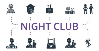 Night Life ikonu seti. Bar, direk dansı, dj ve daha fazlası gibi düzenlenebilir ikonlar gece hayatı temasını içerir.