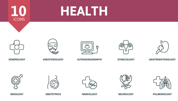 Gezondheid icoon set. Bevat bewerkbare pictogrammen medische thema zoals venerologie, andrologie, gastro-enterologie en meer. — Stockvector