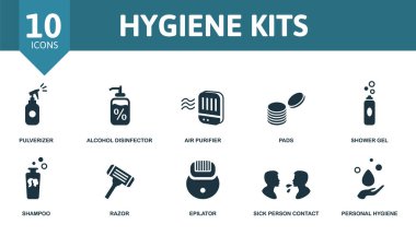 Hijyen Kits ikonu seti. Düzenlenebilir ikonlar içerir kişisel hijyen teması örneğin toz çözücü, hava temizleyici, duş jeli ve daha fazlası.