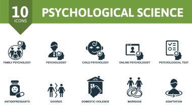 Psikolojik bilim ikonu seti. Aile psikolojisi, çocuk psikolojisi, psikolojik test ve daha fazlası gibi düzenlenebilir ikonlar içerir.
