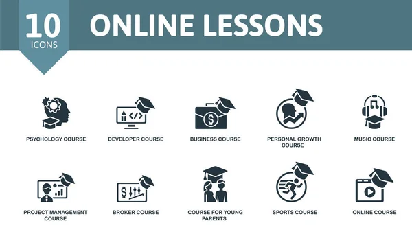 Conjunto de iconos de lecciones en línea. Contiene iconos editables tema del curso en línea, tales como curso de psicología, curso de negocios, curso de música y más. — Vector de stock
