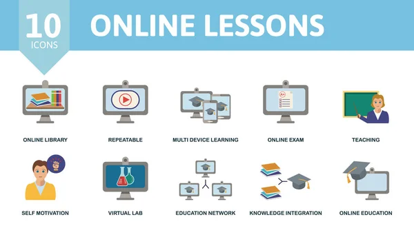 Conjunto de iconos de lecciones en línea. Contiene iconos editables tema de educación en línea, como la biblioteca en línea, el aprendizaje de múltiples dispositivos, la enseñanza y más. — Vector de stock