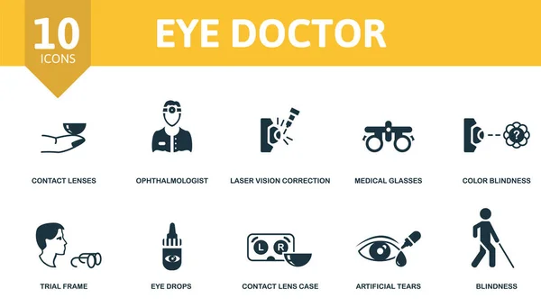 Ojo Doctor icono conjunto. Contiene iconos editables tema de oftalmología, tales como lentes de contacto, corrección de la visión láser, daltonismo y más. — Archivo Imágenes Vectoriales