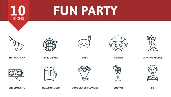 Fun Party Ikone gesetzt. Enthält editierbare Symbole Partythema wie Geburtstagskappe, Maske, tanzende Menschen und mehr. — Stockvektor