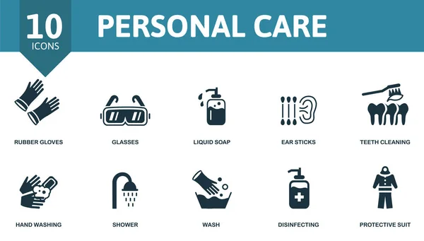 Conjunto de iconos de cuidado personal. Contiene iconos editables tema de higiene personal como guantes de goma, jabón líquido, limpieza de dientes y más. — Archivo Imágenes Vectoriales