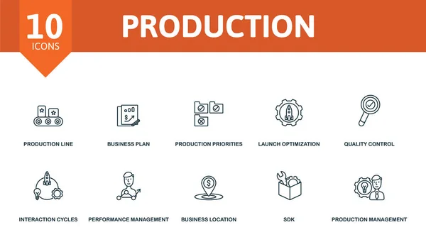 Conjunto de iconos de producción. Contiene iconos editables tema de gestión de la producción, como la línea de producción, prisiones de producción, control de calidad y más. — Archivo Imágenes Vectoriales