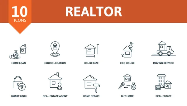Icona dell'agente immobiliare impostata. Contiene icone modificabili tema immobiliare come mutuo per la casa, dimensione della casa, servizio in movimento e altro ancora. — Vettoriale Stock