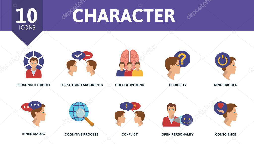 Character icon set. Contains editable icons personality theme such as personality model, collective mind, mind trigger and more.