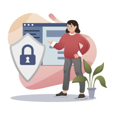 Online Privacy. Isolated flat style colored illustration. Cloud storage, online base, marketing solution. Girl guarding privacy.