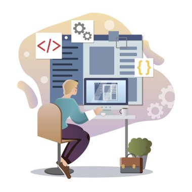 Software Development. Isolated flat style colored illustration. Cloud storage, online base, marketing solution. Programmer for work.
