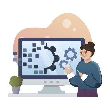 Digital Transformation. Isolated flat style colored illustration. Cloud storage, online base, marketing solution. Girl at presentation.