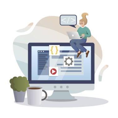 Web Development. Isolated flat style colored illustration. Cloud storage, online base, marketing solution. Developer on the monitor.