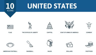 Usa simgesi seti. Kurgulanabilir simgeler içerir. Özgürlük Heykeli, Amerika 'nın arması, Amerikan futbolu ve daha fazlası..