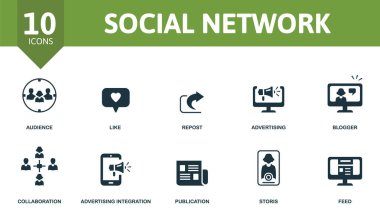 Sosyal Ağ simgesi seti. Seyirci, repost, blog yazarı ve daha fazlası gibi düzenlenebilir sosyal medya temasını içerir.