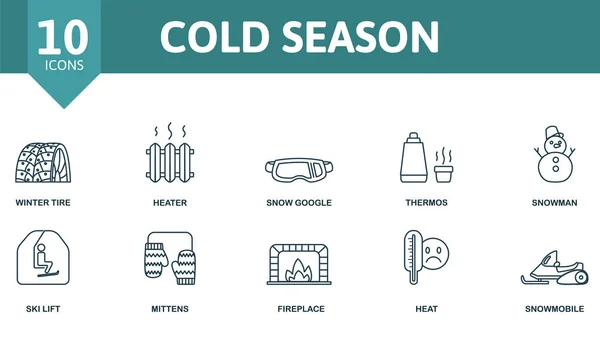 Conjunto de ícones da estação fria. Contém ícones editáveis tema de inverno, como esqui, elevador de esqui, óculos de neve e muito mais. —  Vetores de Stock